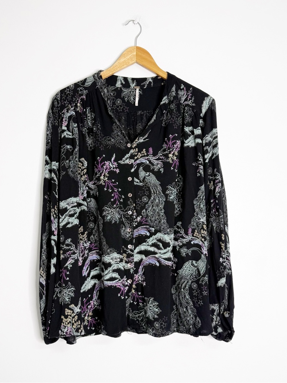 Free People Peacock Print Oversized Blouse Black Size XS